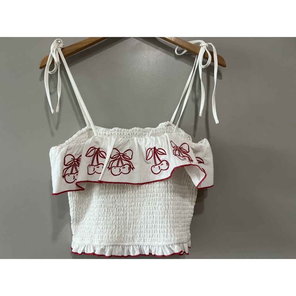 NWT Thirty/Thirty LA White Red Cherry Print Linen Blend 2 Piece skirt Set Size L - Picture 9 of 10